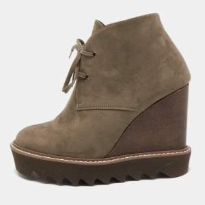 Stella McCartney Olive Green Faux Suede Leana Wedge Boots Size 37