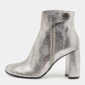 Stella McCartney Metallic Silver Python Embossed Faux Leather Ankle Boots Size 40
