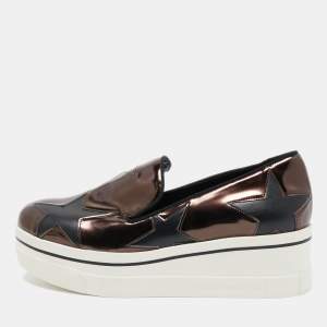 Pre Owned Stella McCartney Metallic Brown/Black Faux Leather Binx Star Platform Slip On Sneakers Size 37