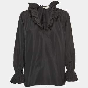 Stella McCartney Black Silk Blend Crepe Ruffled V Neck Top S