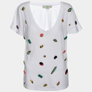 Stella McCartney White Cotton Natural Stones Detail V Neck T-Shirt S