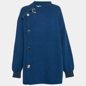 Stella McCartney Blue Rib Knit Asymmetrical Button Oversized Sweater M