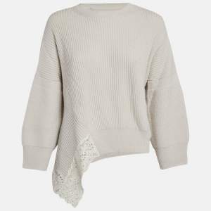 Pre Owned Stella McCartney Grey Lace Trim Rib Knit Asymmetric Sweater S