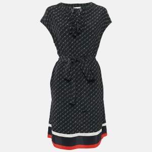 Stella McCartney Black Diagonal Logo Print Belted Midi Dress L