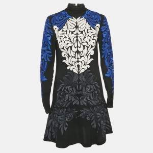 Pre Owned Stella McCartney Black/ Blue Embroidered Crepe Flounce Mini Dress S