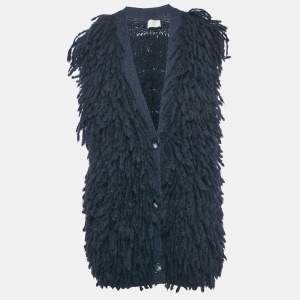 Stella McCartney Navy Blue Wool Fringed Sleeveless Cardigan S