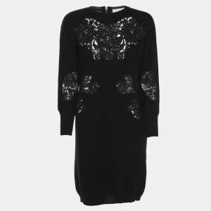 Pre Owned Stella McCartney Black Wool Knit Floral Embroidered Dress M