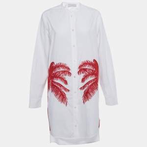 Pre Owned Stella Mccartney White Erica Palm Tree Embroidery Cotton Long Shirt Dress M