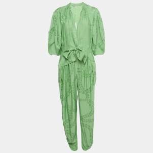 Pre Owned Stella McCartney Green Jacquard Waist Tie Detail Jumpsuit M