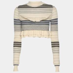 Pre Owned Stella McCartney Cream/Blue Striped Rib Knit Cropped Striped Frill Jumper S