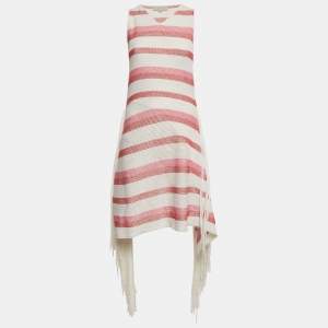 Pre Owned Stella McCartney White/Pink Open Striped Knit Fringe Detail Dress M