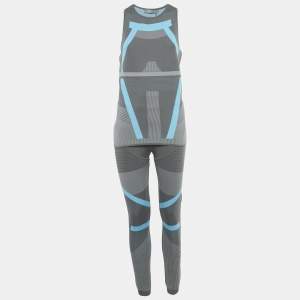 مملوكة مسبقًا Stella McCartney X Adidas Grey /Blue Pattered Jersey Top & Leggings Active Wear Set L