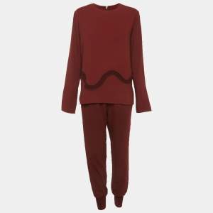 Pre Owned طقم بنطلون وتوب ستيلا مكارتني بورغندي كريب مطرز مقاس صغير / متوسط (سمول / ميديوم)