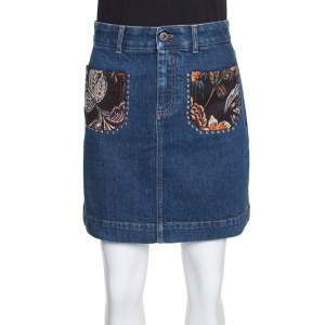 Stella McCartney Indigo Denim Floral Jacquard Trim Studded Mini Skirt S