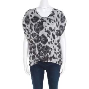 Stella McCartney Grey Peony Animal Print Silk Pleated Sleeve Boxy Blouse M