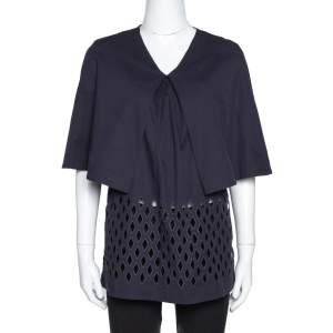 Pre Owned توب ستيلا مكارتني بأكمام قطني منقوش أزرق كحلي مقاس صغير - سمول