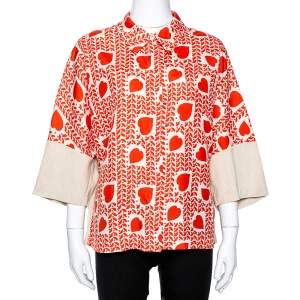 مملوكة مسبقًا Stella McCartney Orange Hearts Print Silk & Linen Paneled Blouse L