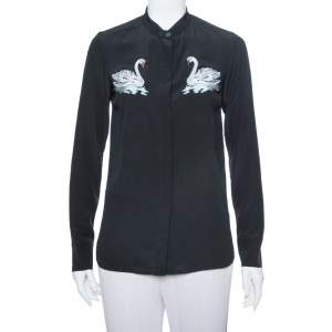 Pre Owned Stella McCartney Black Swan Embroidered Silk Shirt S