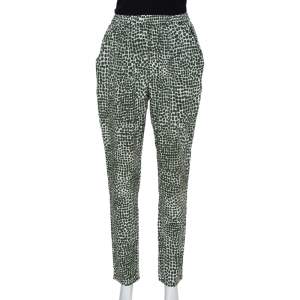 Pre Owned Stella McCartney Green & White Printed Silk Elastic Waist Trousers S