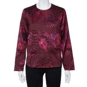 Pre Owned Stella McCartney Burgundy Floral Jacquard Wool Hi-Low Hem Top S