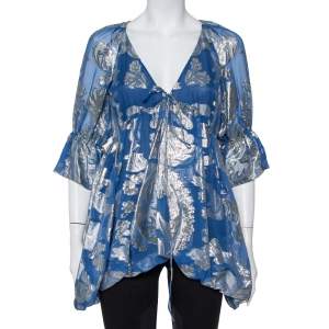 Stella McCartney Blue Floral Lamé Asymmetrical Hem Top M