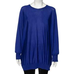Pre Owned Stella McCartney Blue Wool Ribbed Sleeve Detailed Round Neck Sweater M