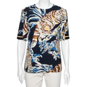 Stella McCartney Navy Blue Stretch Crepe Cat Print Blouse S