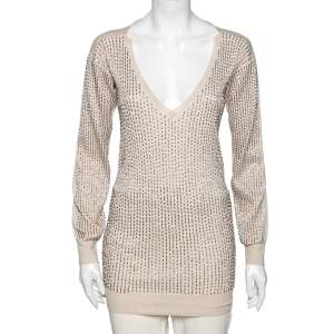 Pre Owned Stella McCartney Beige Embellished Wool V-Neck Jumper S