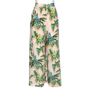 Pre Owned Stella McCartney Multicolor Parrot Printed Silk Wide Leg Pants L