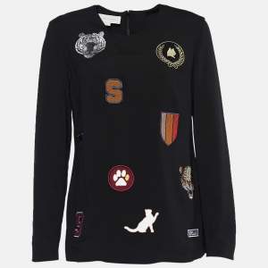 Stella McCartney Black Crepe Patch Detail Long Sleeve Top S