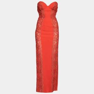 مملوكة مسبقًا Stella McCartney Red Crepe Embroidered Lace Panel Strapless Maxi Dress S