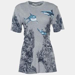 Pre Owned Stella McCartney Grey Shark Print Melange Cotton Crew Neck T-Shirt M