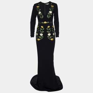 Pre Owned Stella McCartney Black Crepe Floral Embroidered Gown M