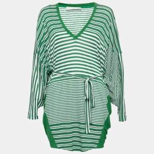 Stella McCartney Green Striped Linen Blend Knit Oversized Belted Mini Dress M