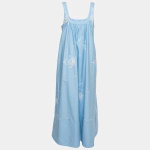 Pre Owned Stella McCartney Blue Cotton Floral Embroidered Sleeveless Dress M