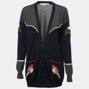 Pre Owned Stella McCartney Navy Blue Wool Embroidered Cardigan M
