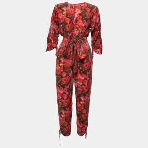 Stella McCartney Red Floral Printed Chiffon Silk Belted Jumpsuit S