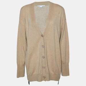 Pre Owned Stella McCartney Beige Wool Logo Detail Button Front Cardigan M