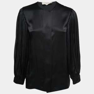 Pre Owned Stella McCartney Black Silk Satin Button Front Long Sleeve Blouse S