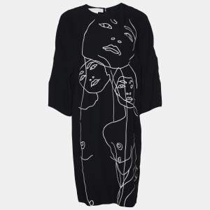 Pre Owned Stella McCartney Black Faces Embroidered Crepe Shift Dress S