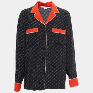 Stella McCartney Black Logo Print Silk Contrast Trim Shirt M