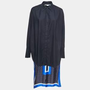 Stella McCartney Navy Blue Printed Silk High-Low Shirt S
