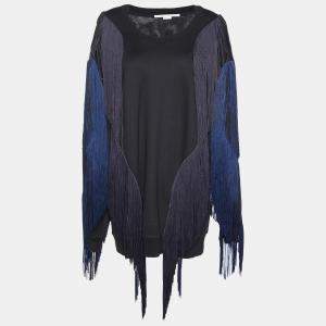 Stella McCartney Black Cotton Knit Fringed Sweater Mini Dress L