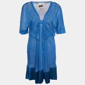Stella McCartney Blue Linen Knit & Satin Hem Bow Detail Mini Dress M