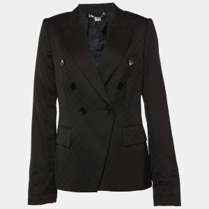 Pre Owned Stella McCartney Black Logo Jacquard Wool Double Breasted Blazer M