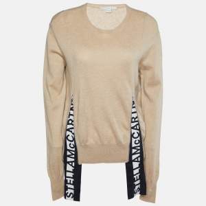 Stella McCartney Beige Wool Logo Printed Silk Trim Zip Detail Sweater M