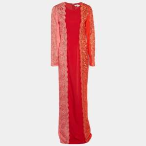 Stella McCartney Red & Pink Embroidered Paneled Crepe Maxi Dress M