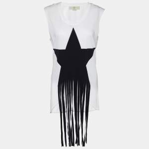 Pre Owned Stella McCartney White Cotton Knit Fringed Star Applique Detail T-Shirt S