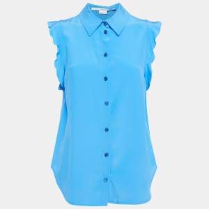 Stella McCartney Blue Ruffle Silk Sleeveless Shirt S
