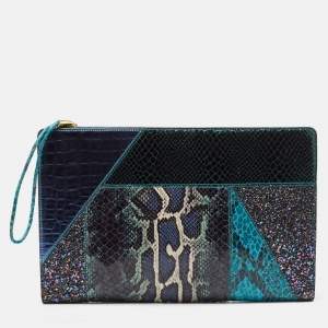 Stella McCartney Multicolor Faux Croc and Python Embossed Leather and Glitter Loretta Waverly Clutch